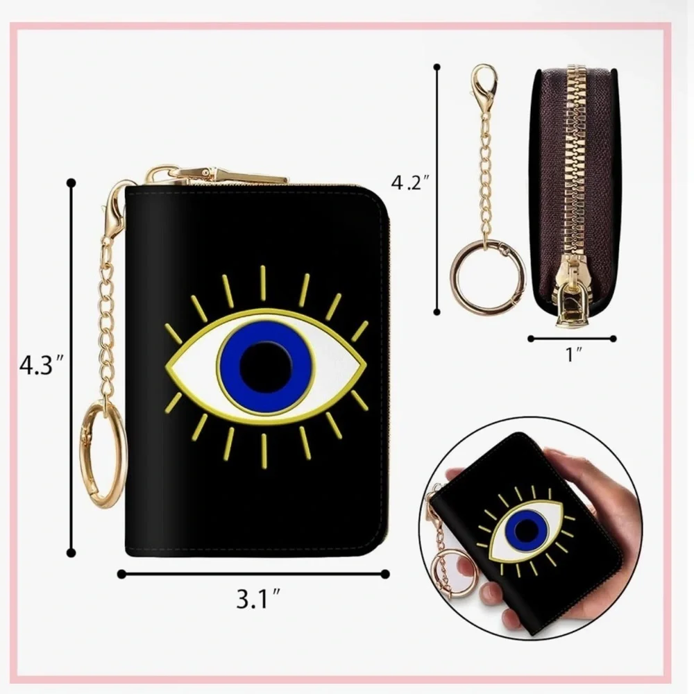 Small Evil Eye Card Case Wallet with Removable Keychain and Zipper, Card Holder